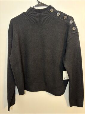 CeCe Women’s Black Ribbed Mock Neck Sweater with Shoulder Buttons